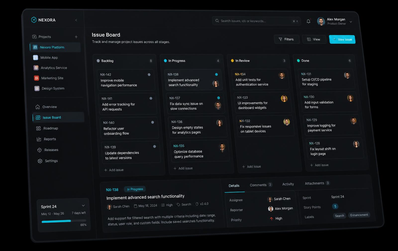 Evouria workspace showing an issue board grouped by delivery cycle